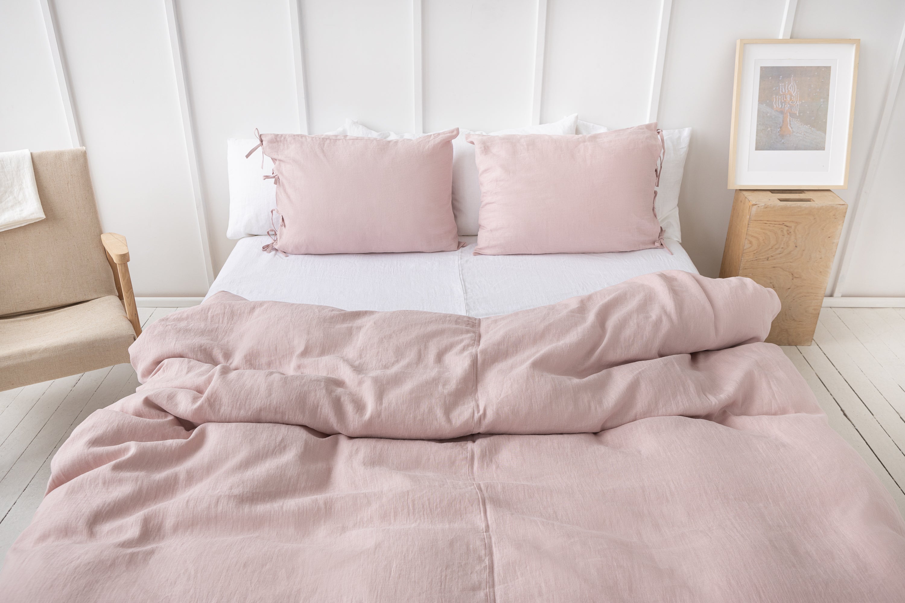 Pale Pink linen bedding set with ties