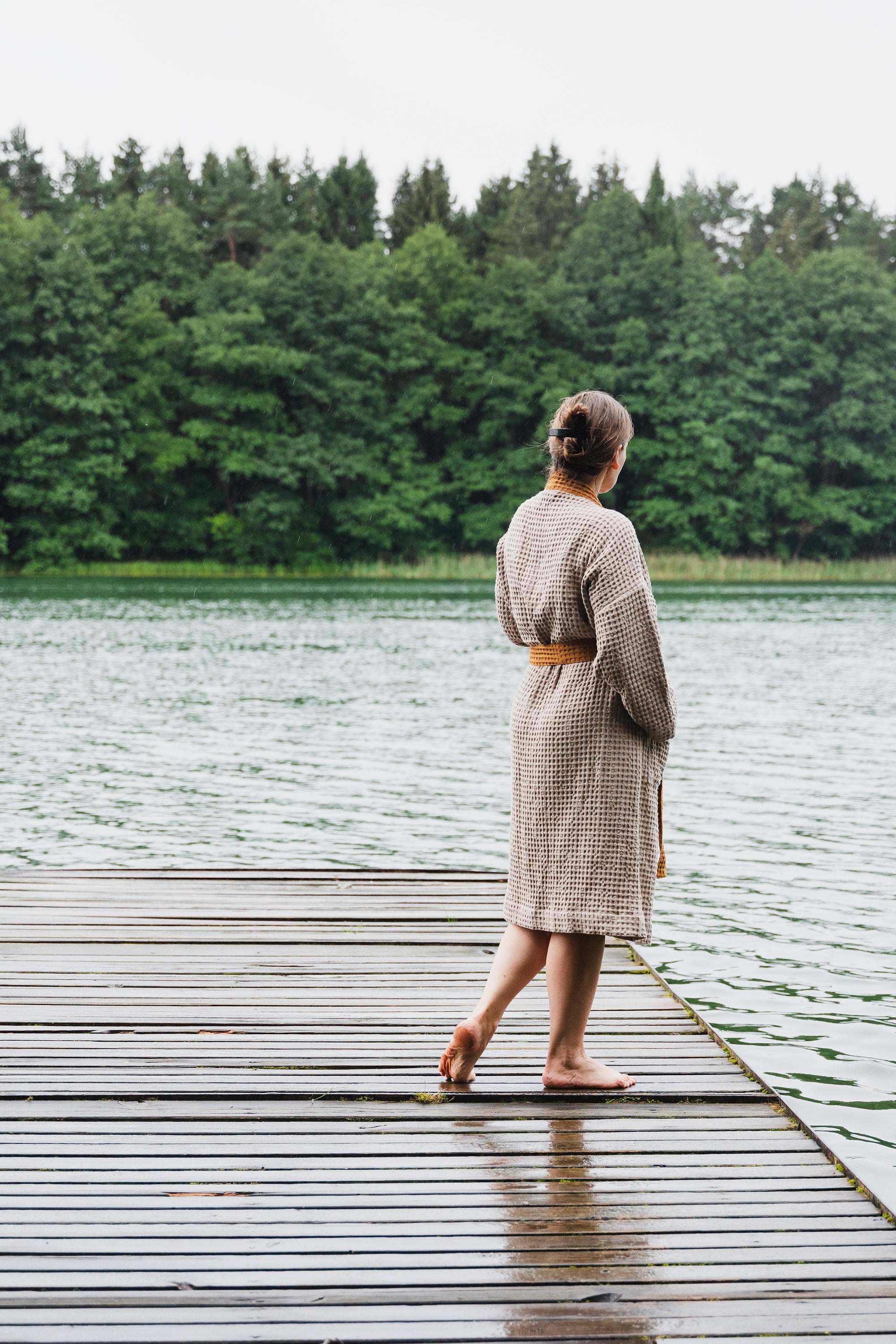 Natural and Amber linen waffle robe two tones