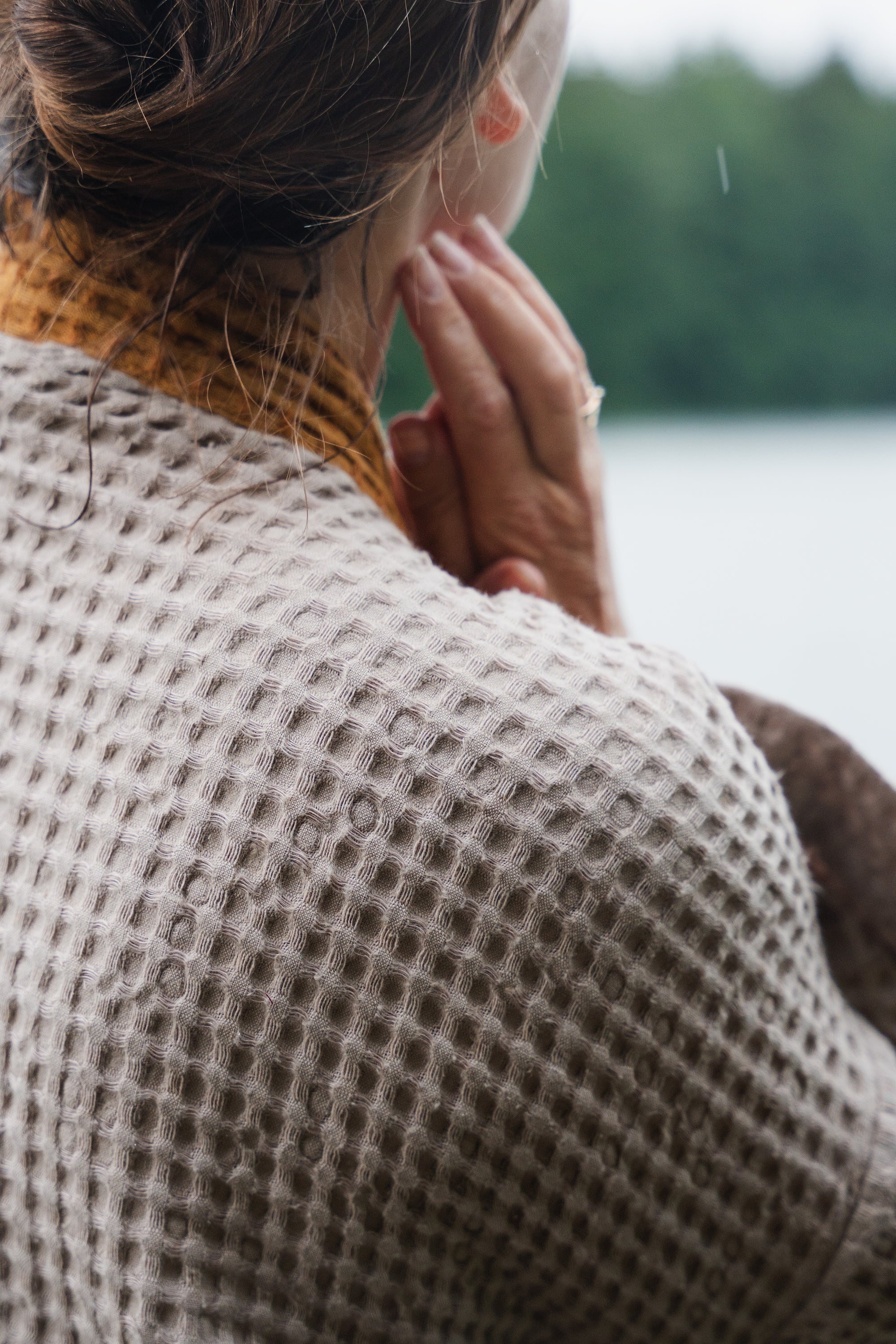 Natural and Amber linen waffle robe two tones