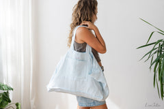 Linen beach bag with pocket and zipper in Baby Blue