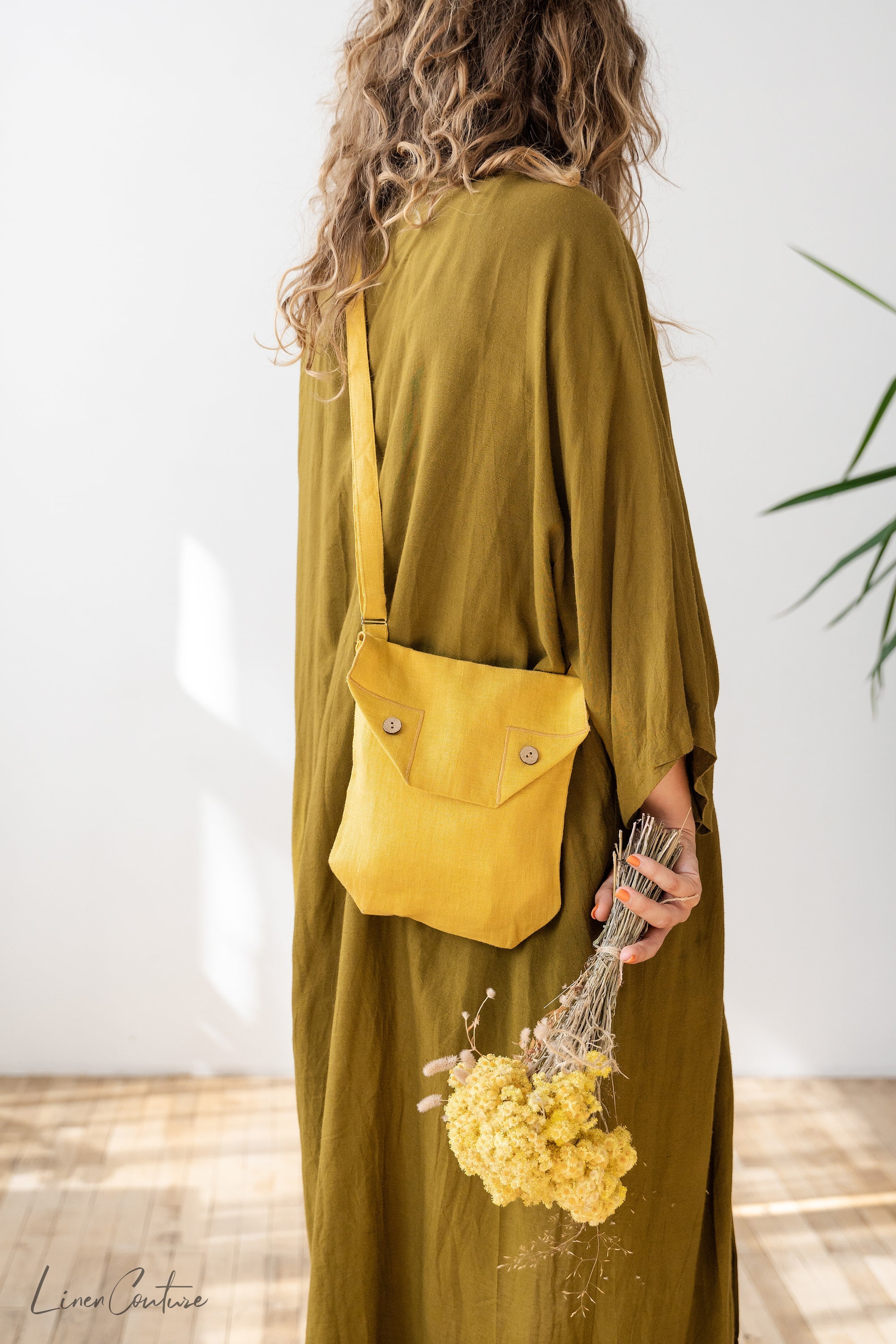 Honey Linen Shoulder Bag with Coconut Buttons and Adjustable Strap