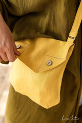 Honey Linen Shoulder Bag with Coconut Buttons and Adjustable Strap