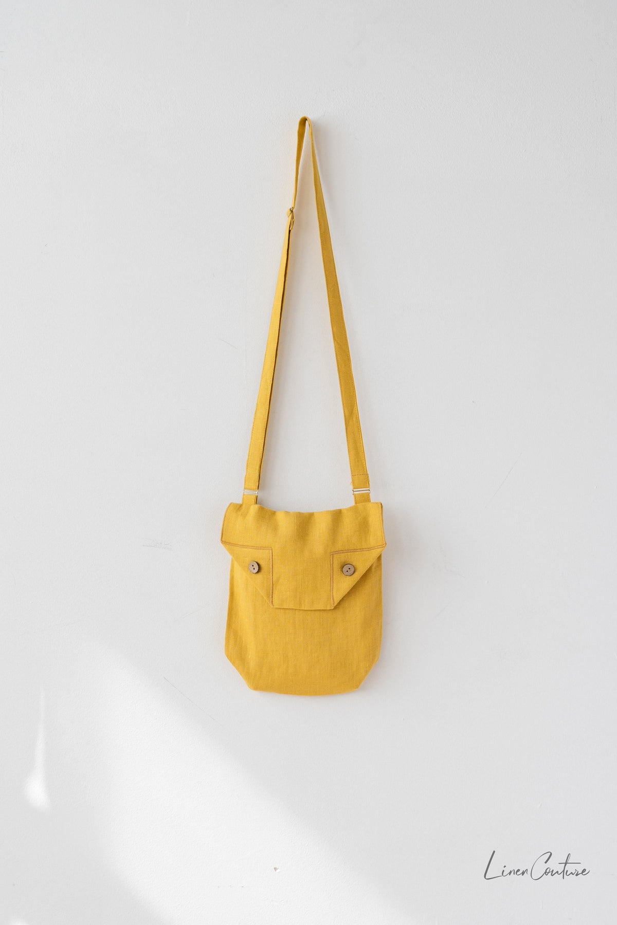 Honey Linen Shoulder Bag with Coconut Buttons and Adjustable Strap