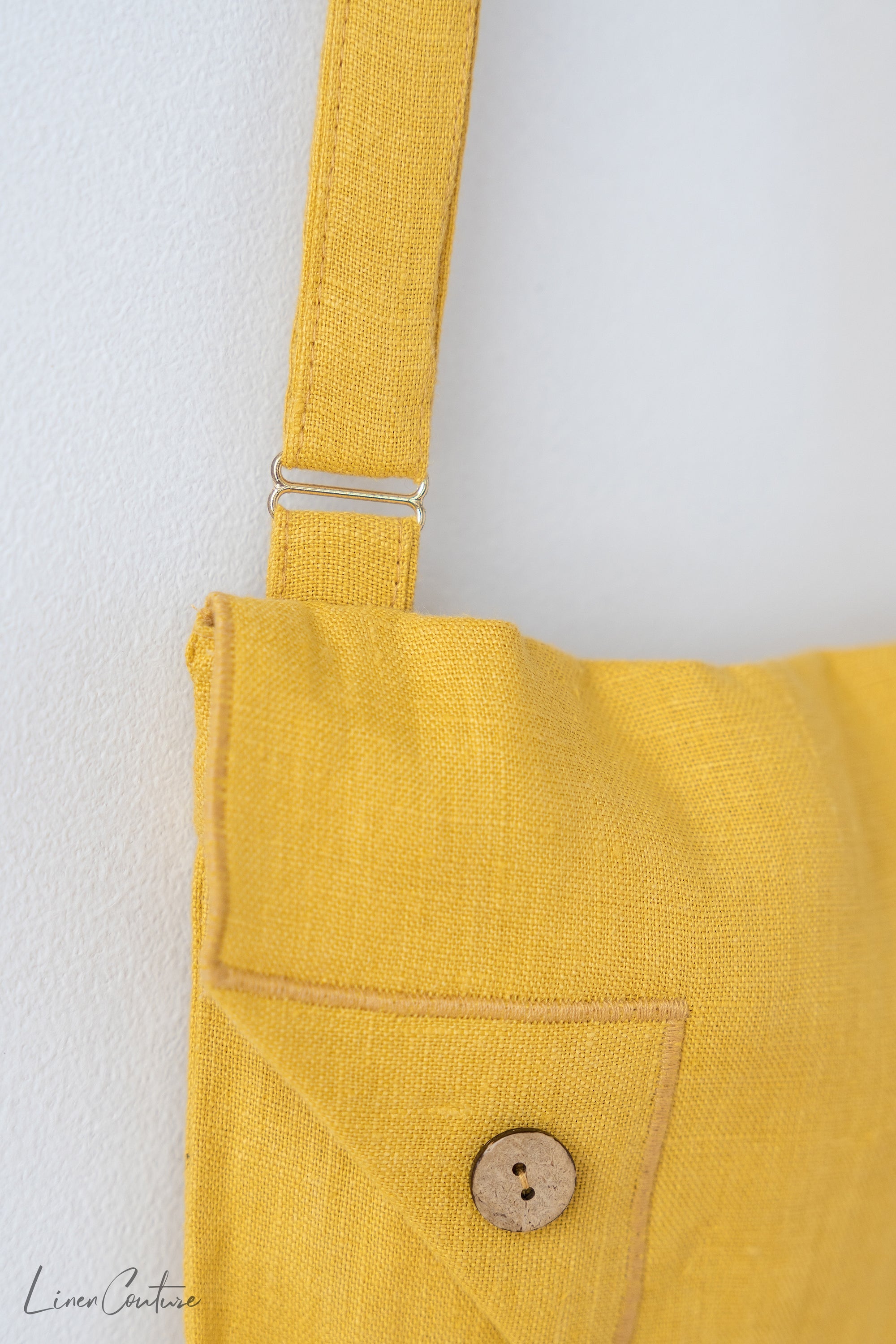 Honey Linen Shoulder Bag with Coconut Buttons and Adjustable Strap