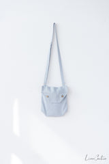 Ice Blue Linen Shoulder Bag with Coconut Buttons and Adjustable Strap