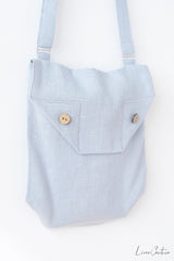 Ice Blue Linen Shoulder Bag with Coconut Buttons and Adjustable Strap