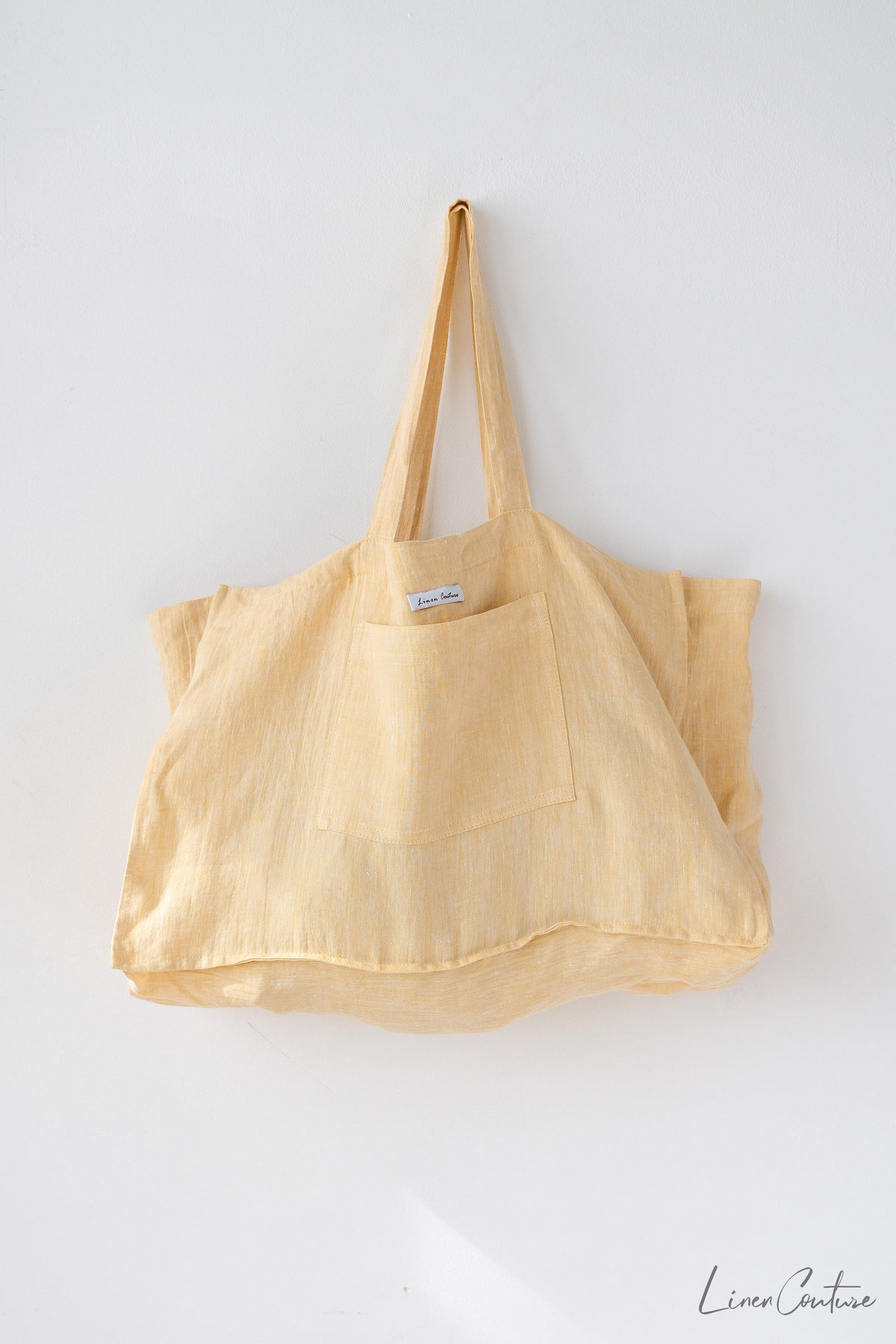 Linen beach bag with pocket and zipper in Canary Yellow