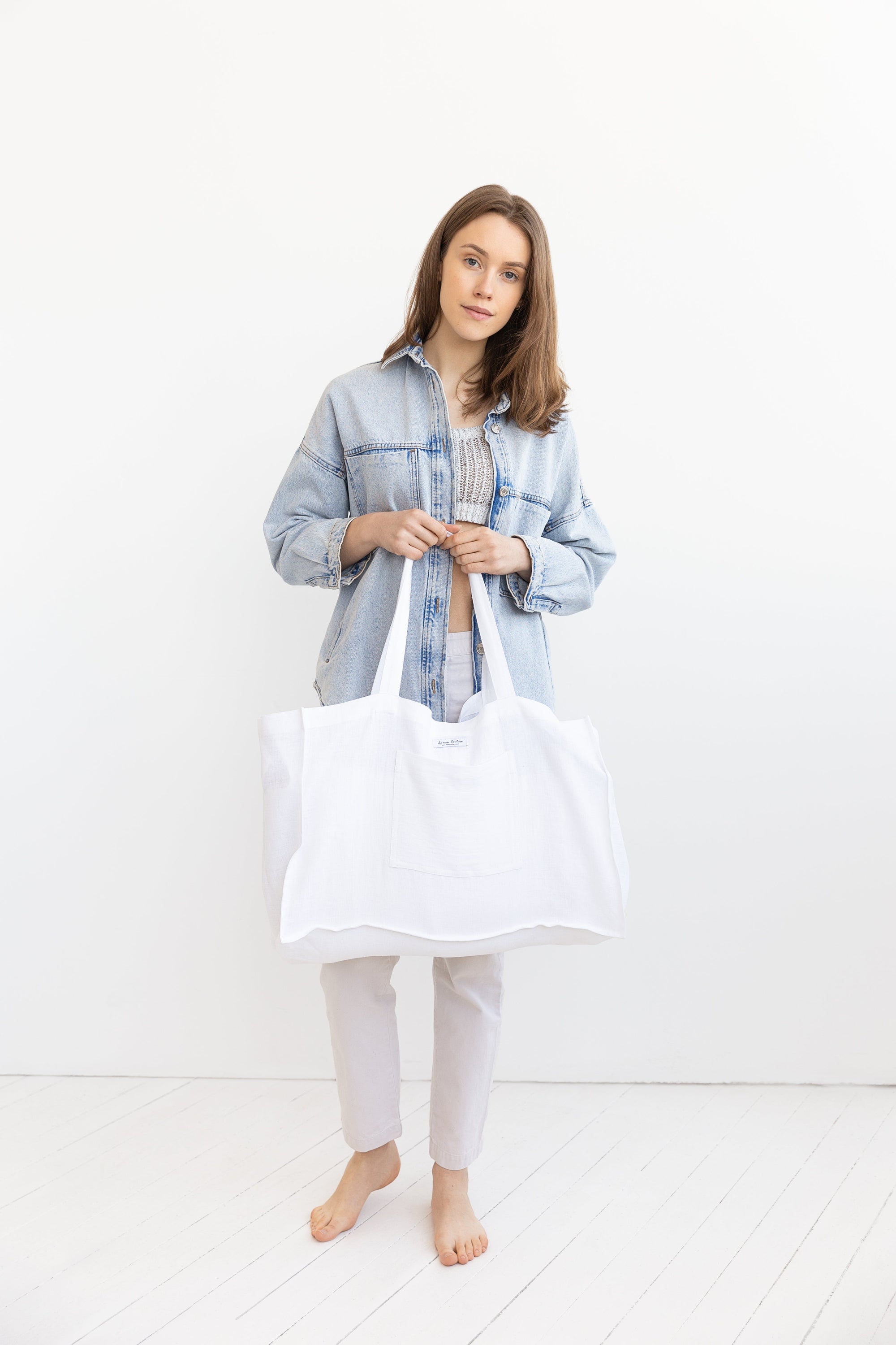 Grey linen beach bag