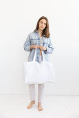 White linen beach bag