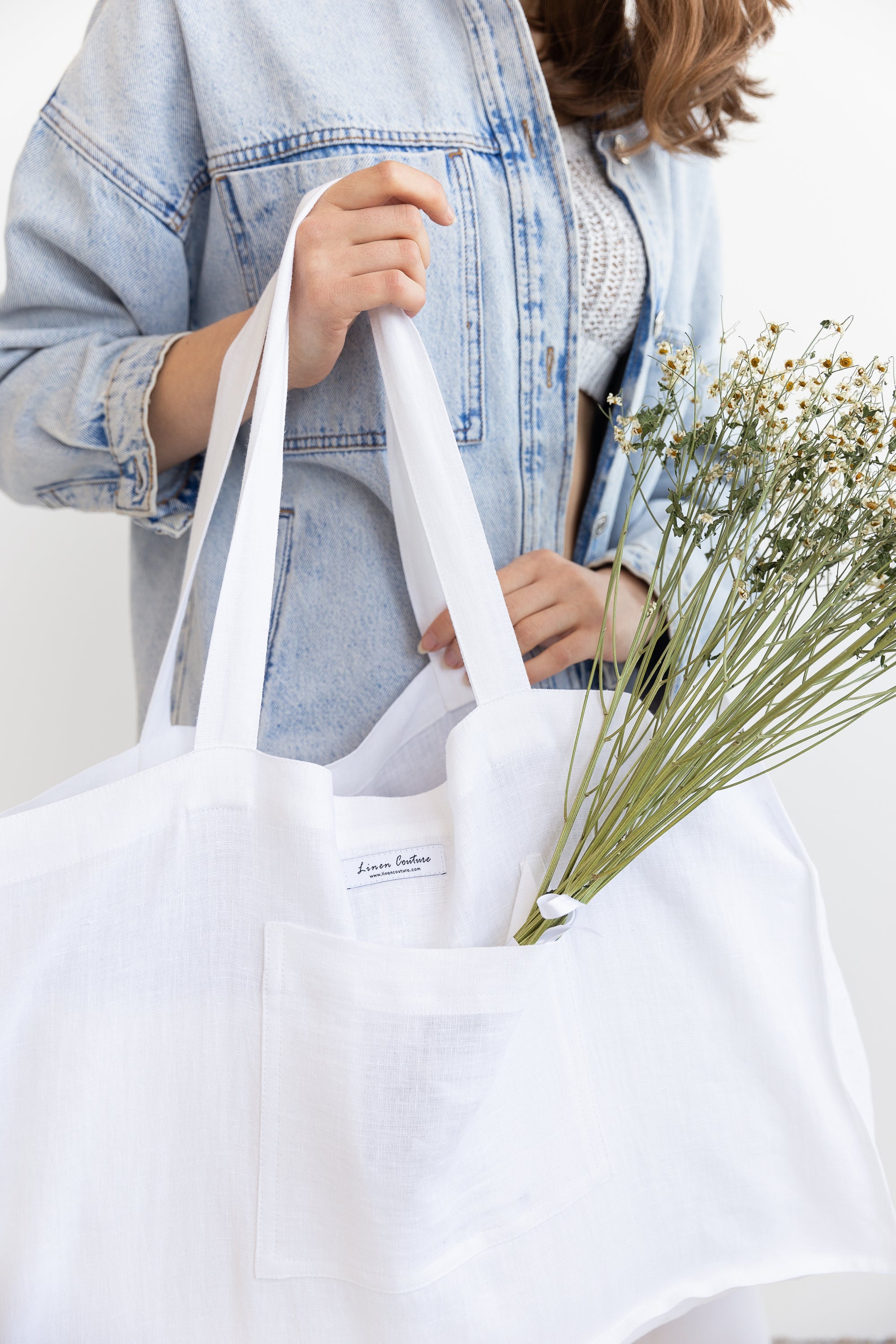 Ice Blue linen beach bag with pocket