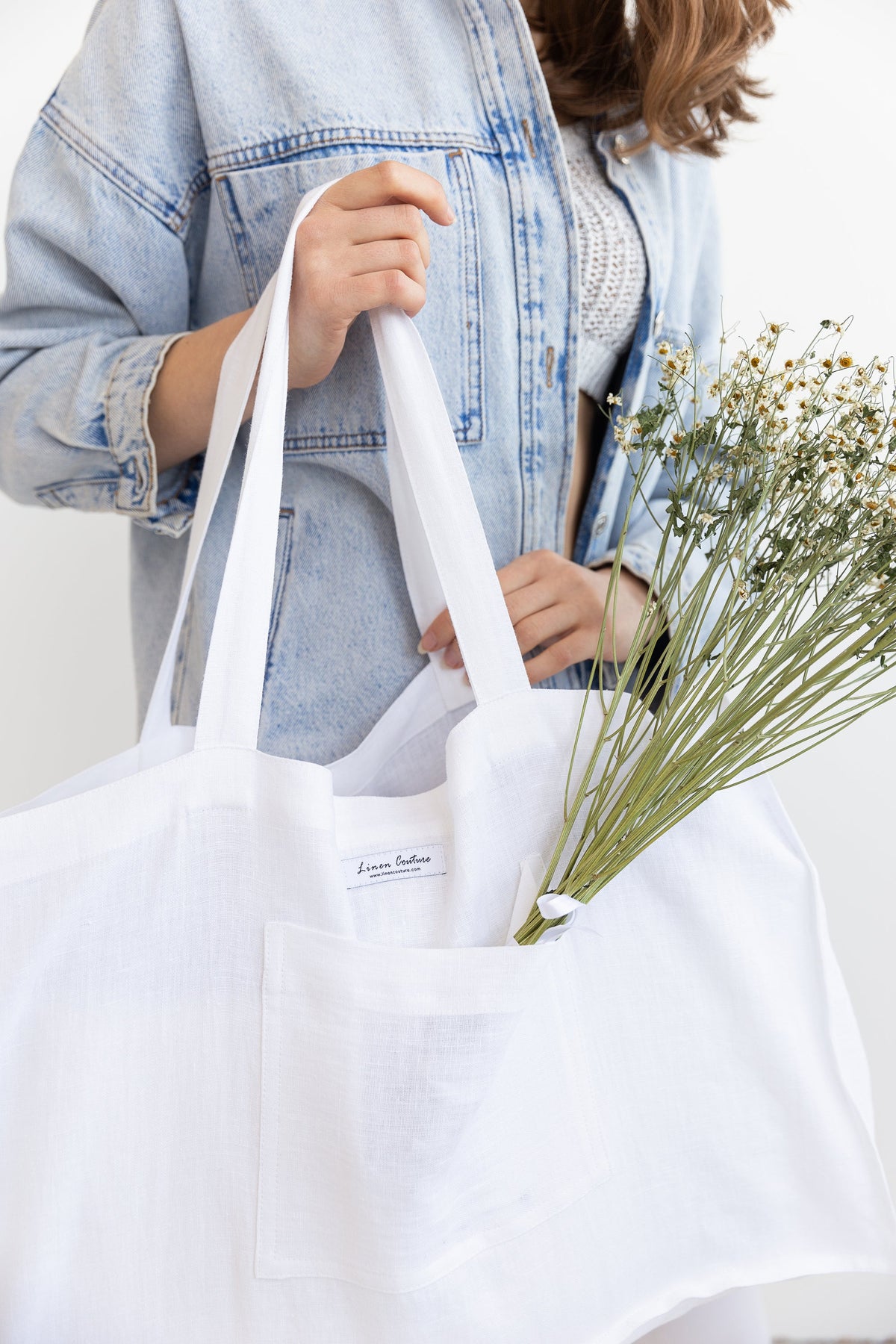 White linen beach bag