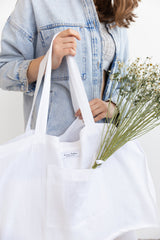 White linen beach bag