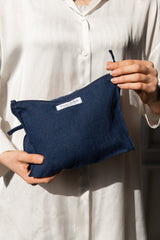 Night Blue linen large makeup bag with zipper