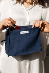 Night Blue linen large makeup bag with zipper