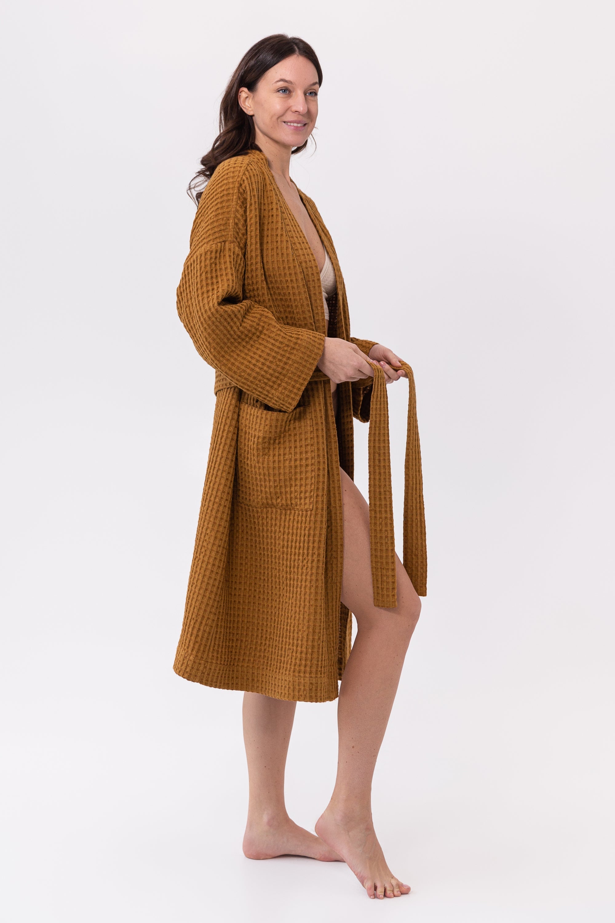 Amber linen waffle robe