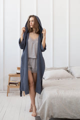 Asphalt Grey linen waffle robe with hoodie