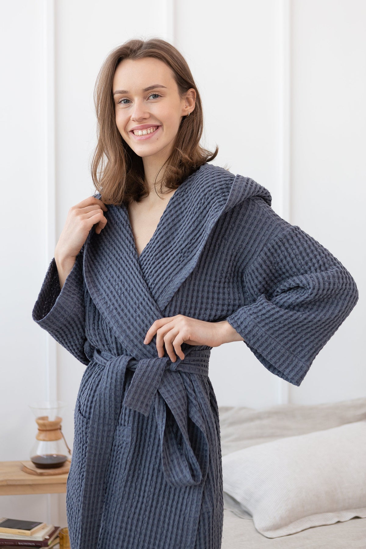 Asphalt Grey linen waffle robe with hoodie