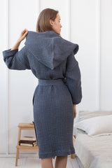 Asphalt Grey linen waffle robe with hoodie