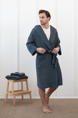 Navy Blue linen waffle robe with hoodie