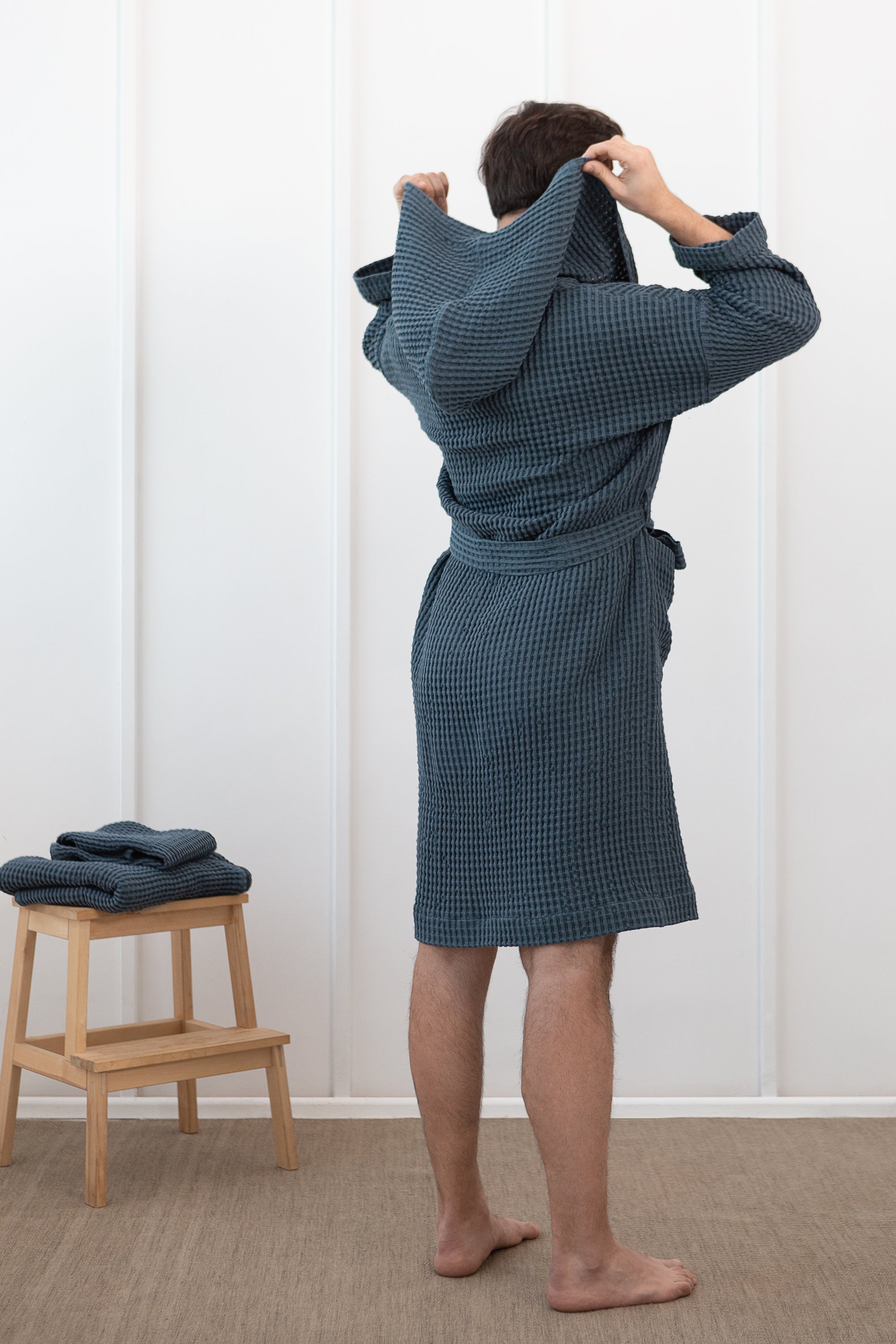 Navy Blue linen waffle robe with hoodie