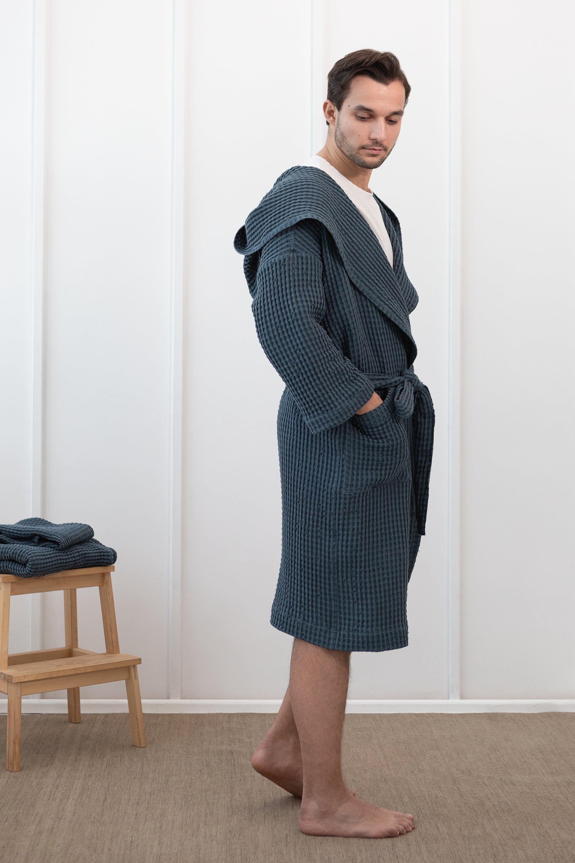 Navy Blue linen waffle robe with hoodie