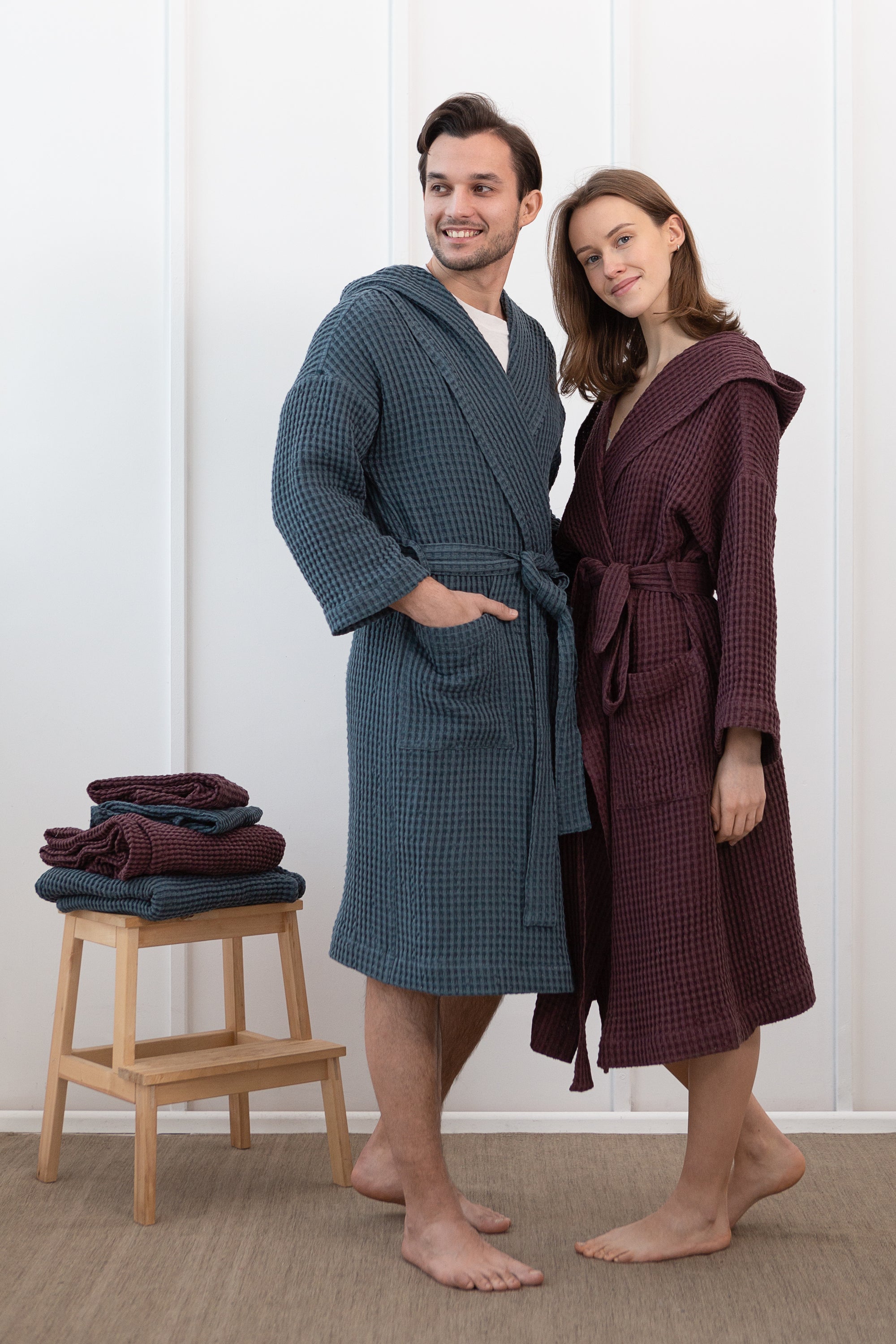 Plum linen waffle robe with hoodie