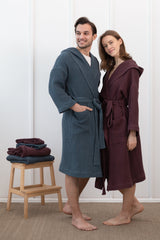 Navy Blue linen waffle robe with hoodie