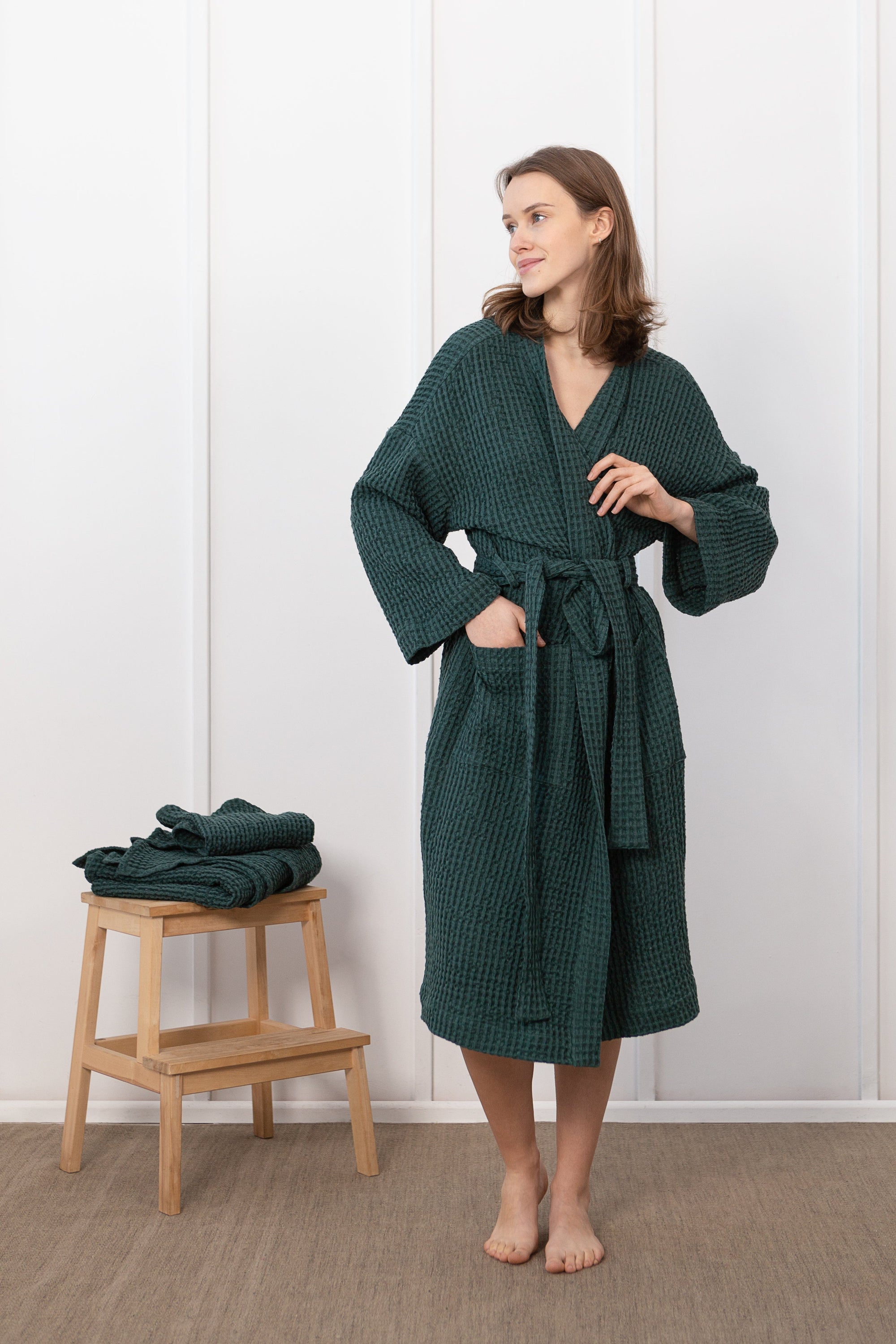 Greyish Green linen waffle robe for men