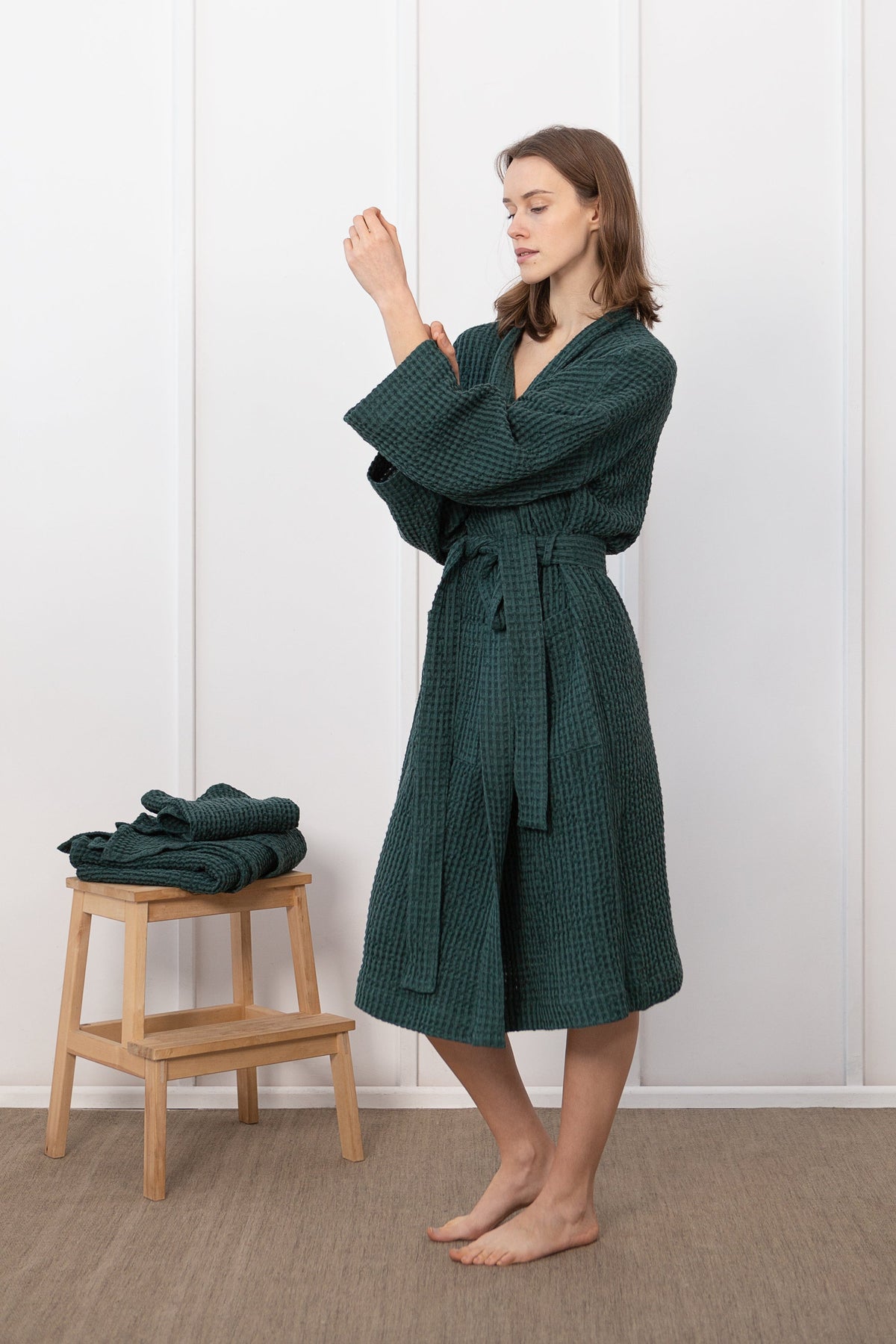 Greyish Green linen waffle robe