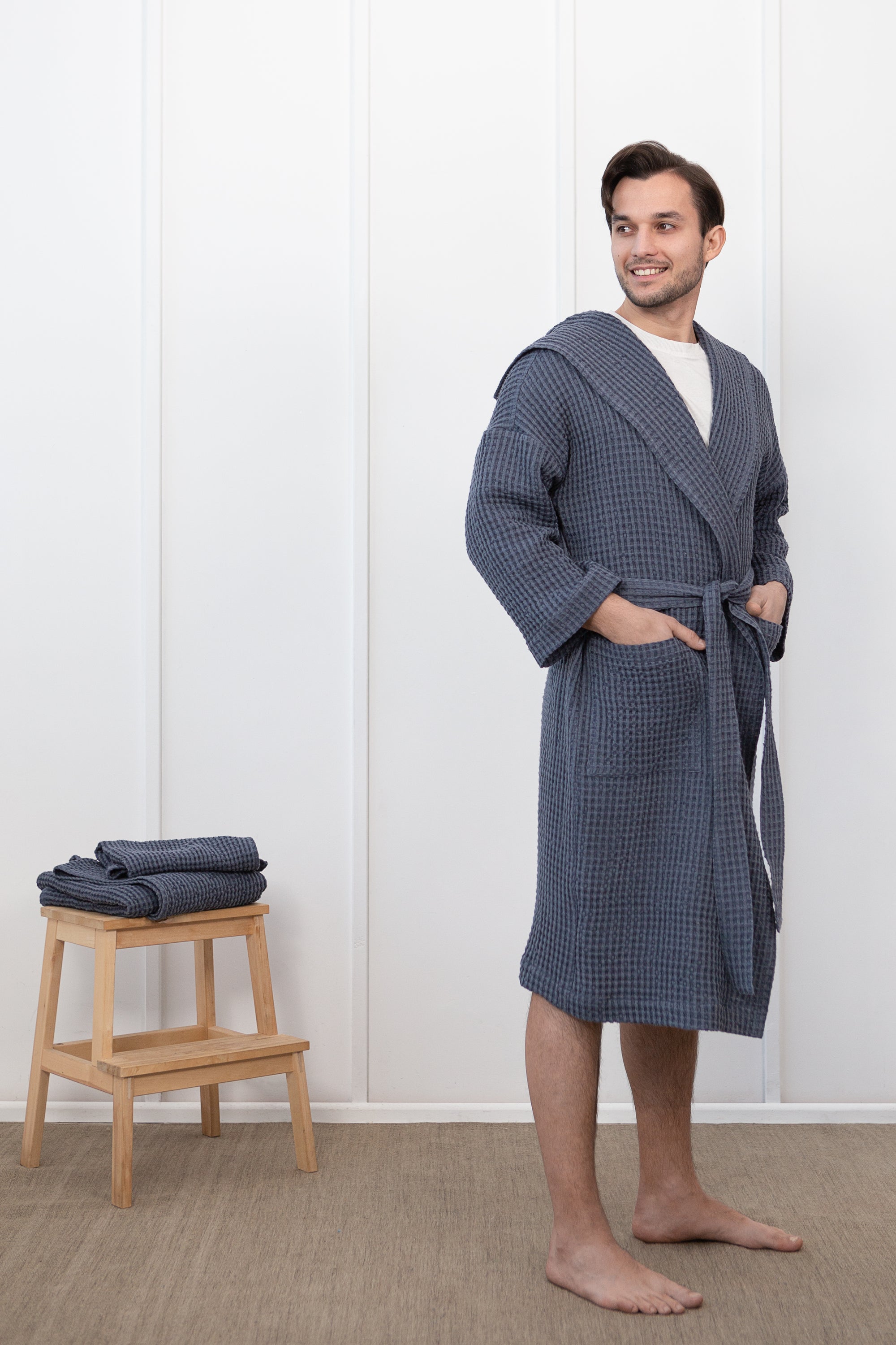 Asphalt Grey linen waffle robe with hoodie for men