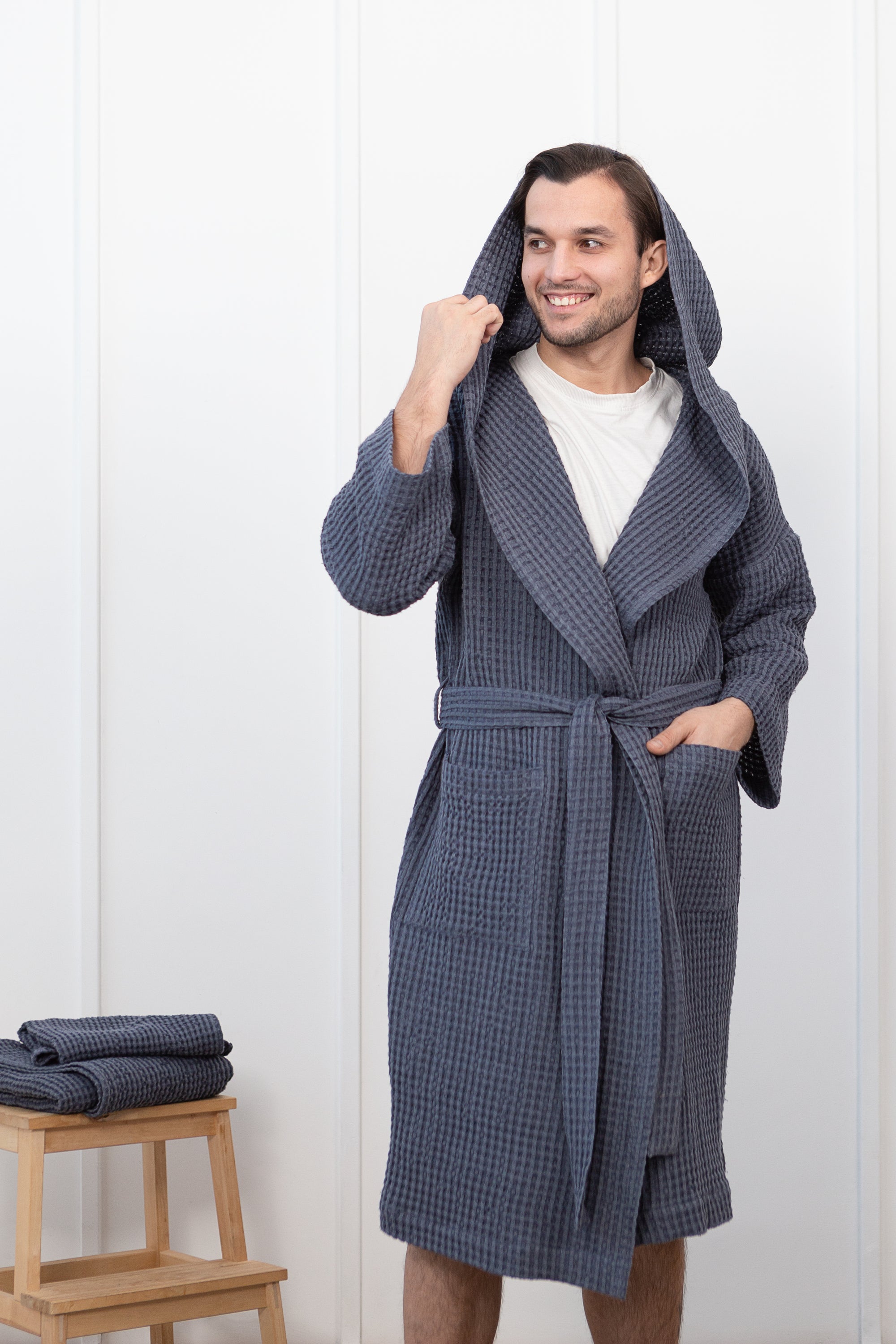 Asphalt Grey linen waffle robe with hoodie