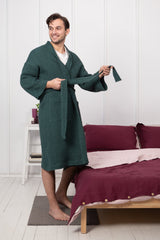 Greyish Green linen waffle robe for men