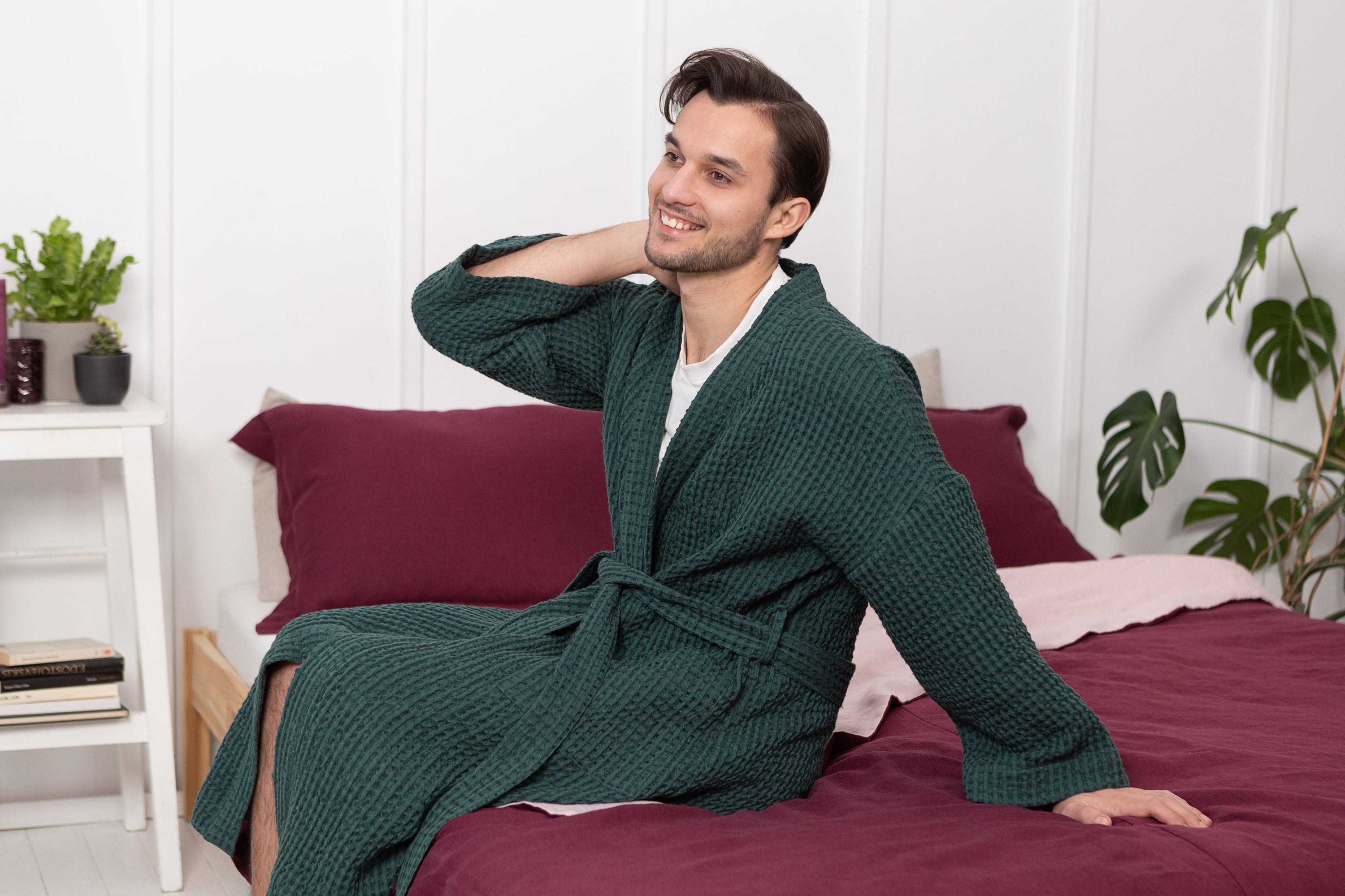 Greyish Green linen waffle robe for men