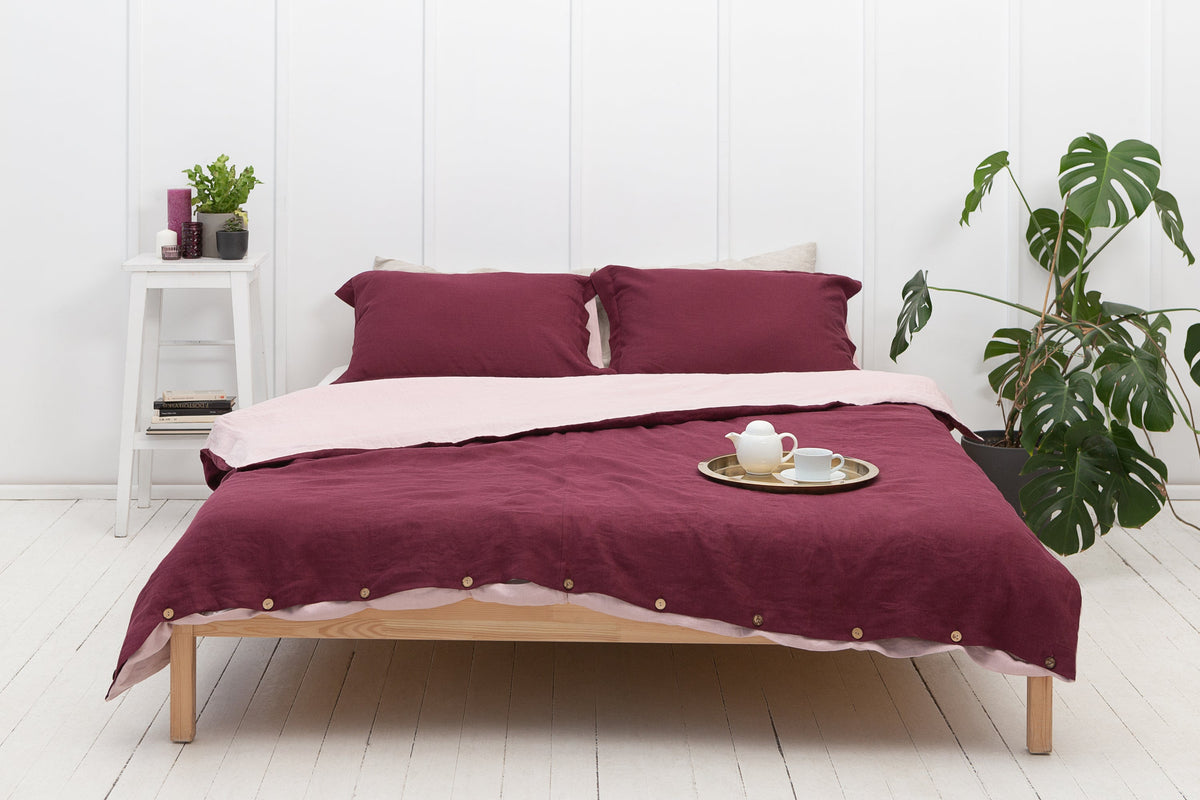 Dark Plum and Pale Pink double side linen bedding set, two tones