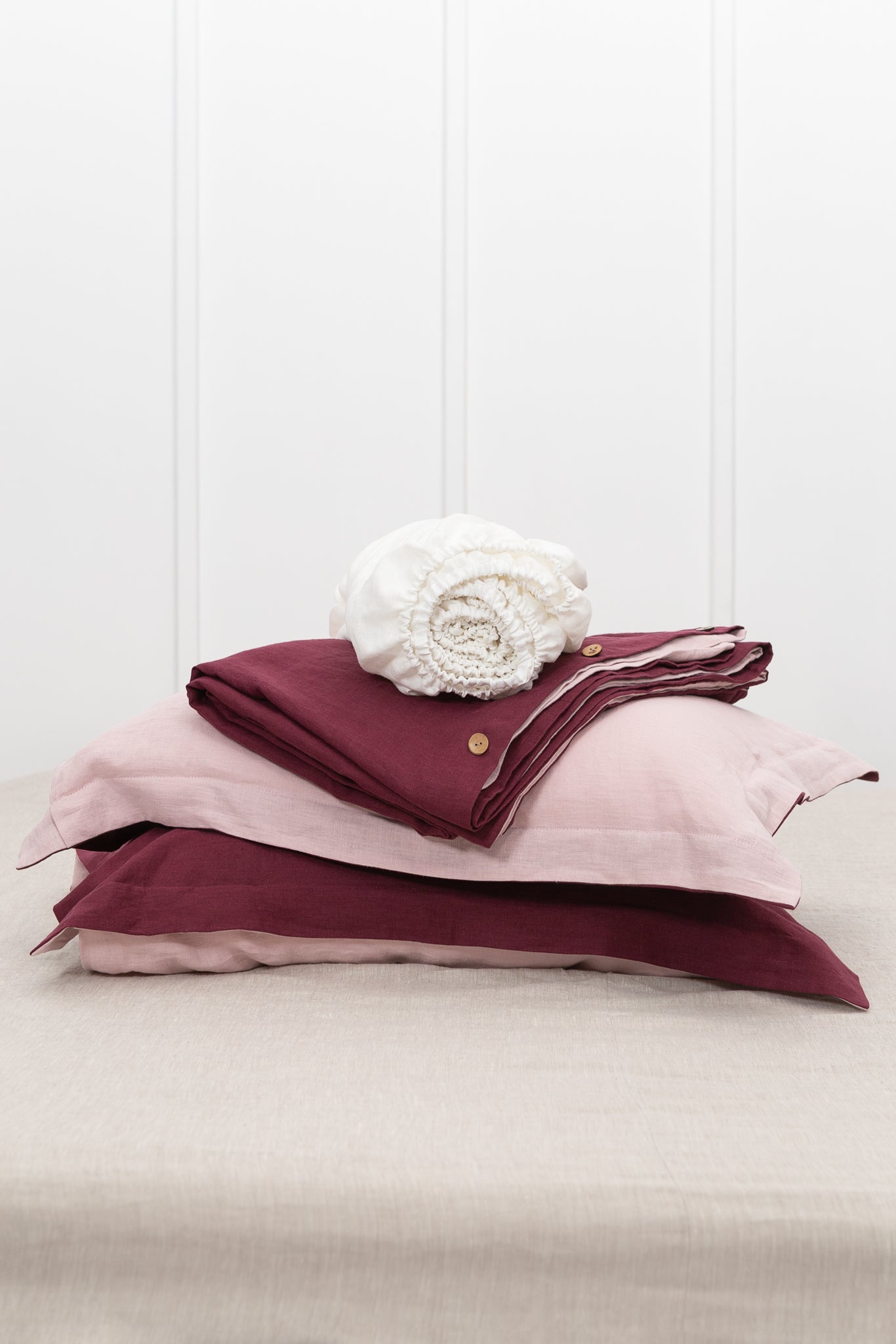 Dark Plum and Pale Pink double side linen bedding set, two tones