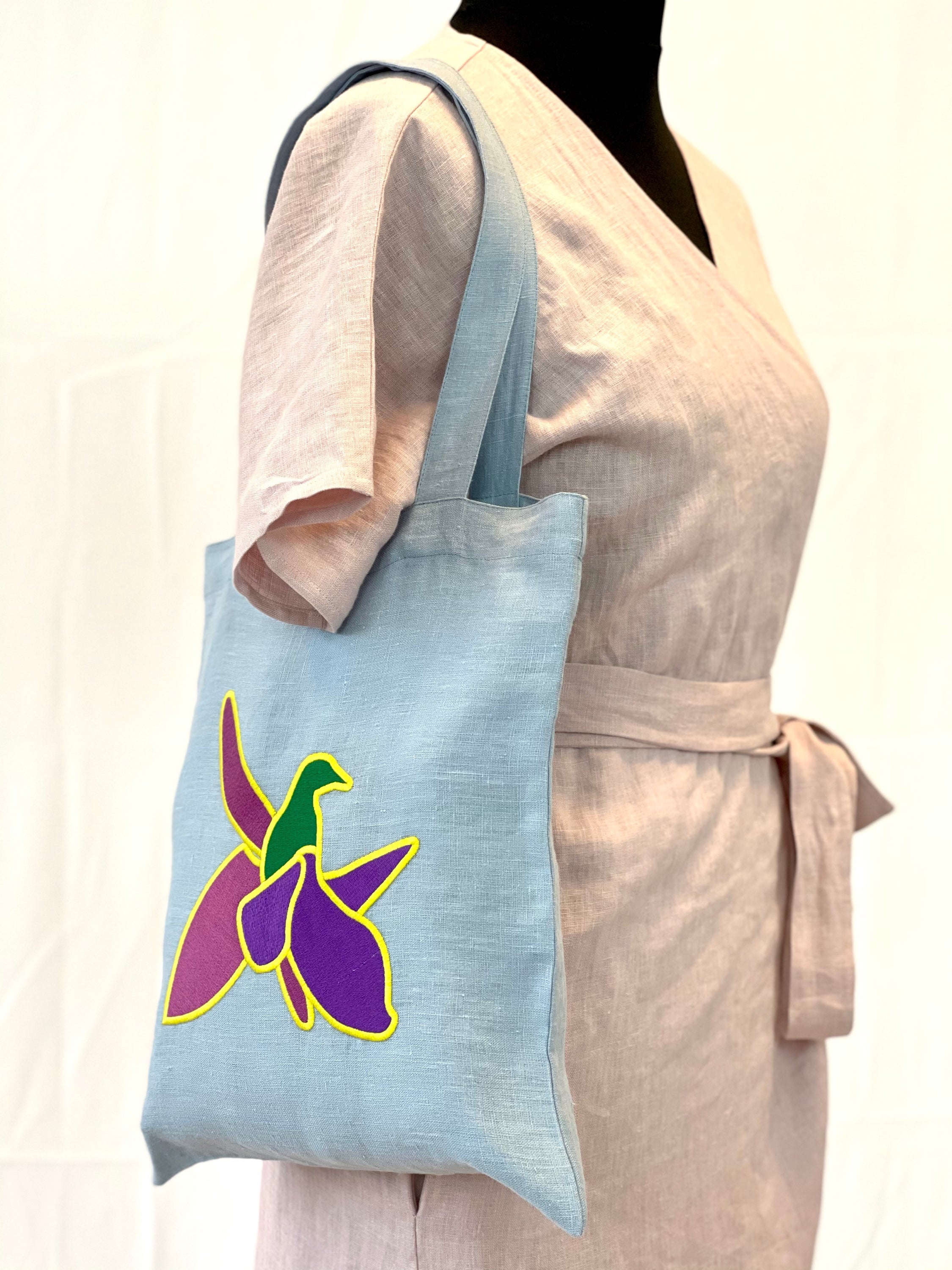 Grey Linen tote bag with embroidery