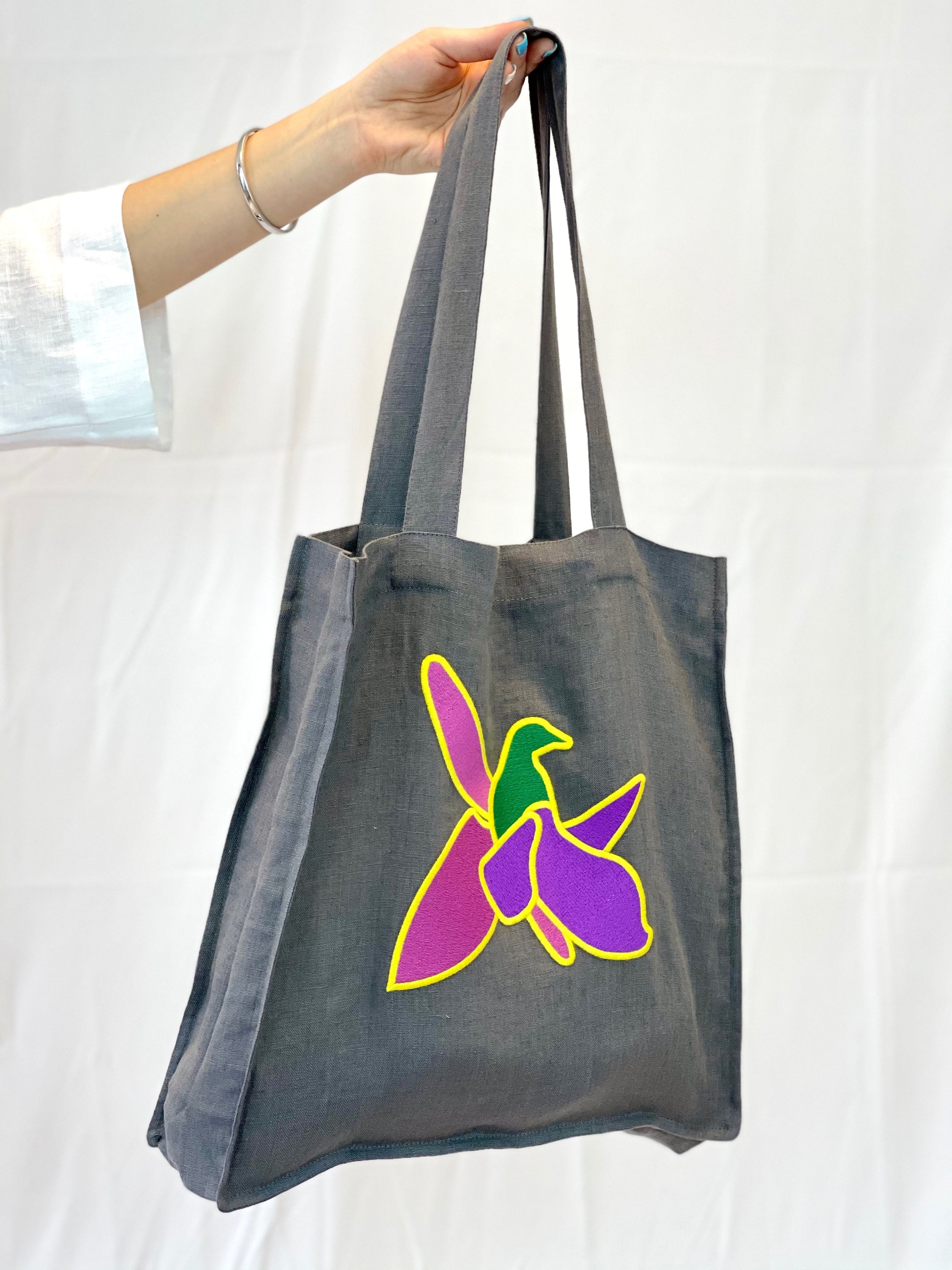 Grey Linen tote bag with embroidery