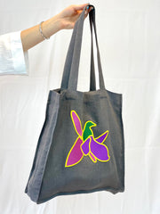 Grey Linen tote bag with embroidery