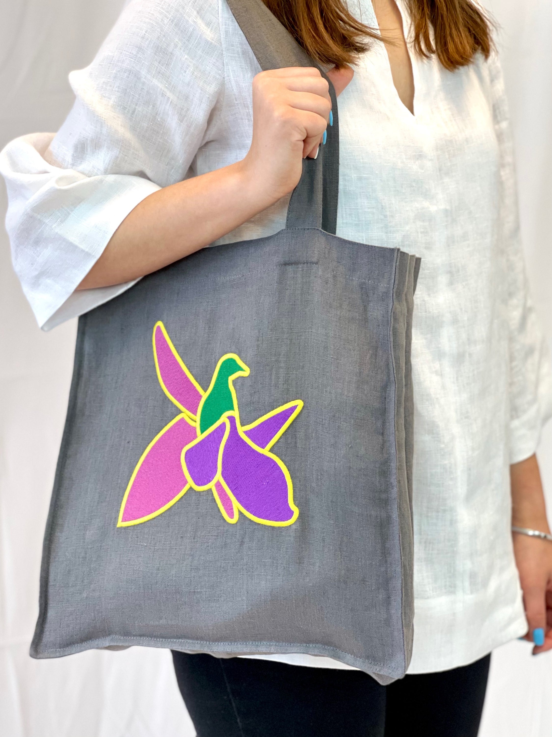 Grey Linen tote bag with embroidery