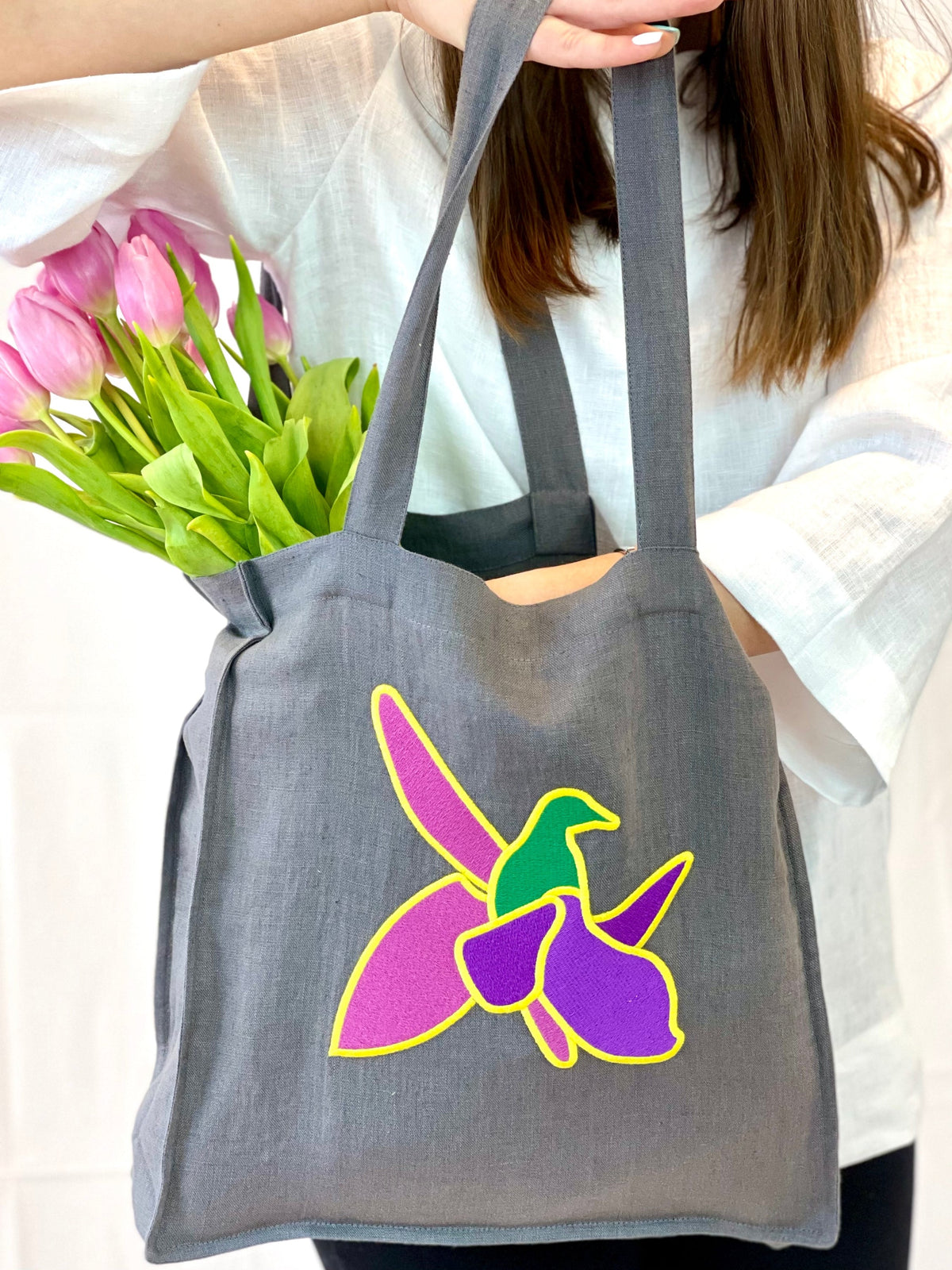 Grey Linen tote bag with embroidery