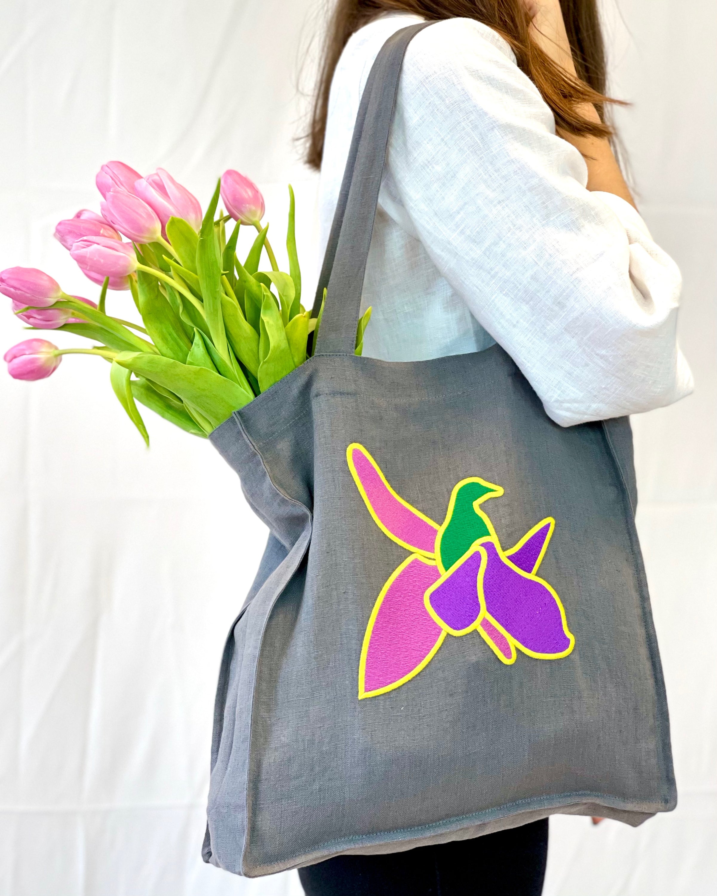 Grey Linen tote bag with embroidery