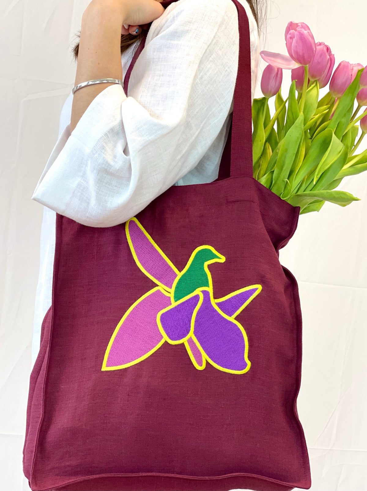 Dark Plum linen tote bag with embroidery