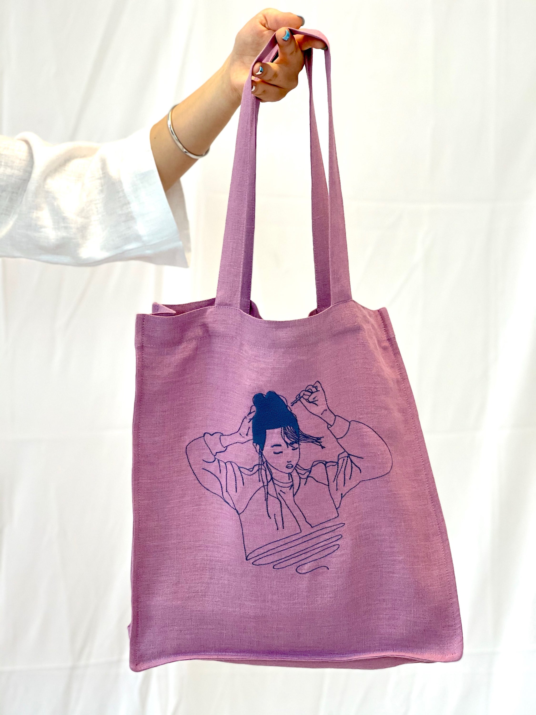 Deep Rose linen tote bag with embroidery