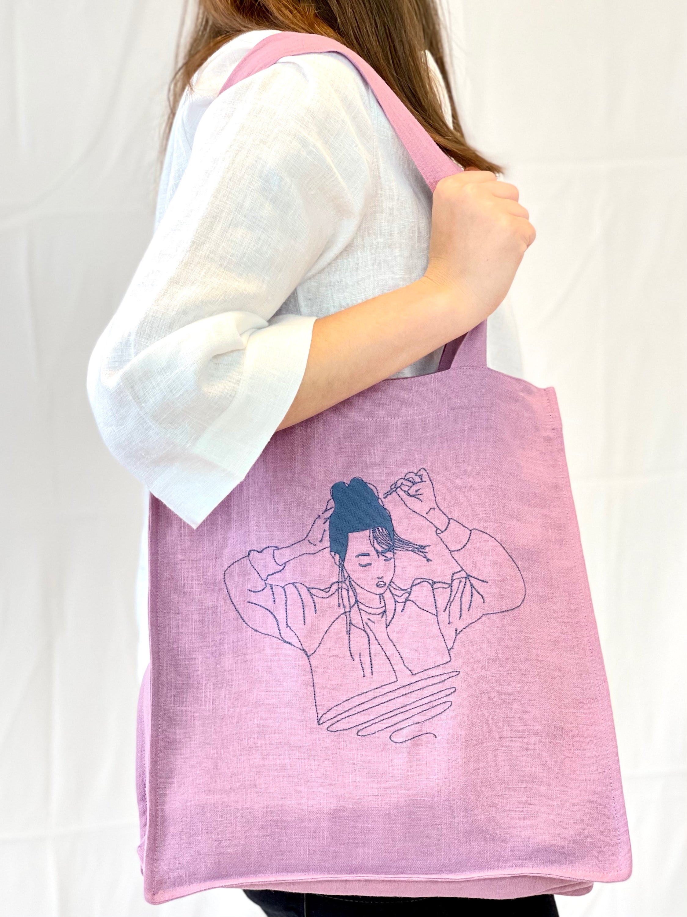 Deep Rose linen tote bag with embroidery