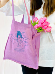 Deep Rose linen tote bag with embroidery