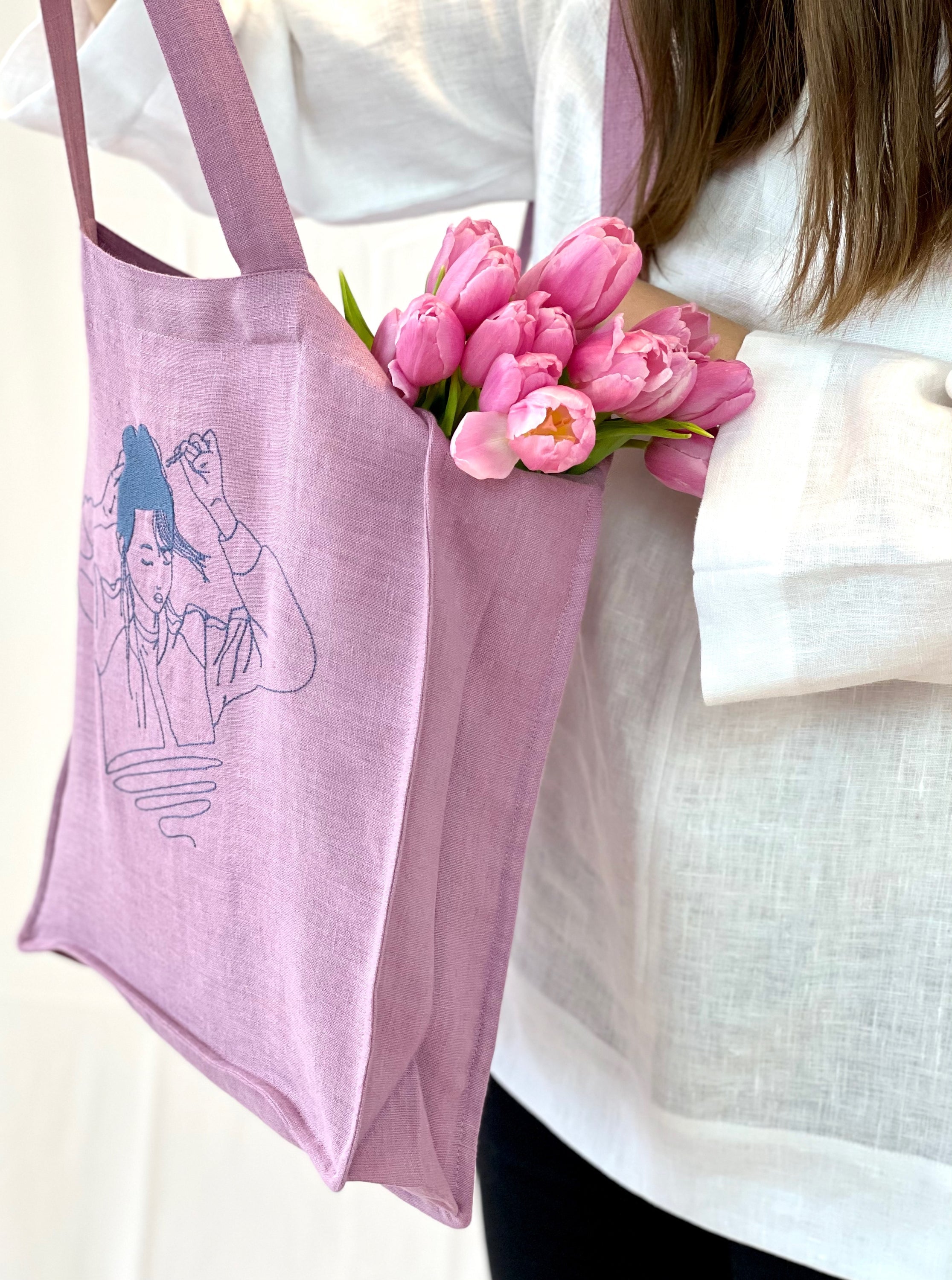 Deep Rose linen tote bag with embroidery