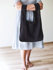 Black linen tote bag with inside pocket