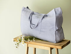 Ice Blue linen beach bag with pocket