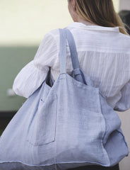 Ice Blue linen beach bag with pocket