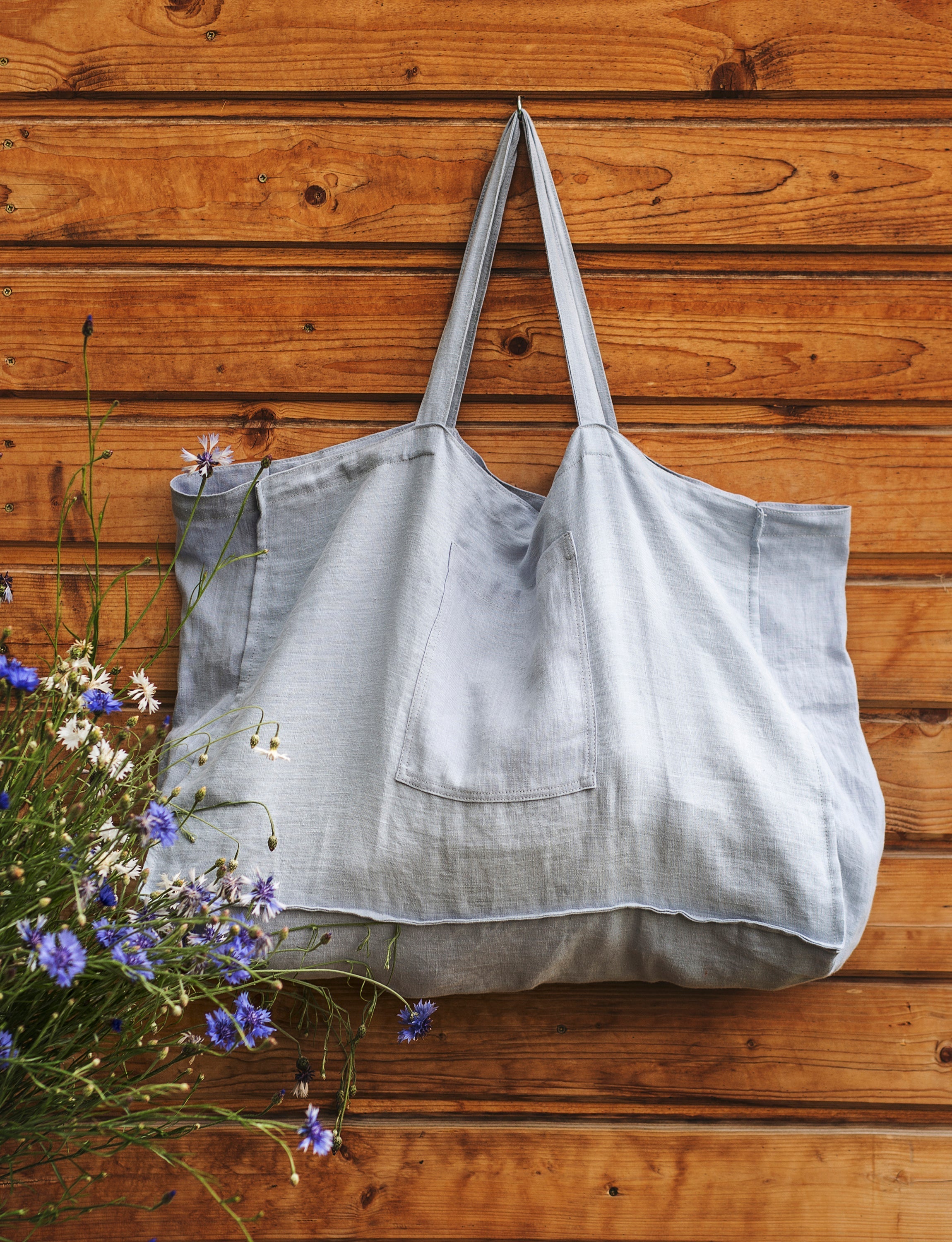 White linen beach bag